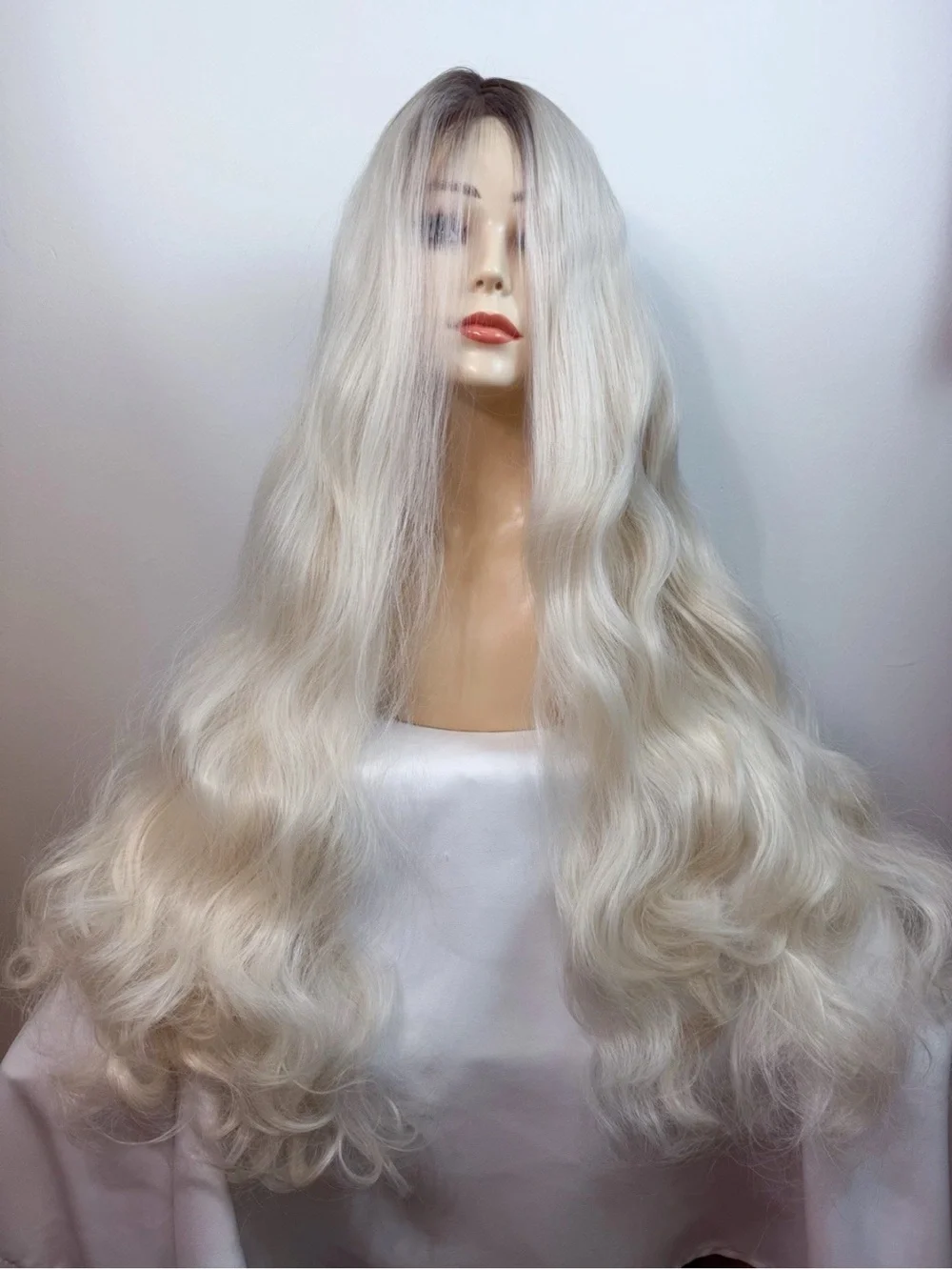 40” Human Hair Blend Soft Wavy Front Lace Roots Platinum Blonde Heat Resistant